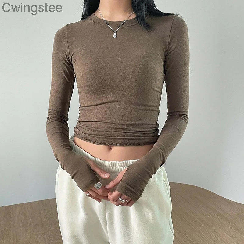 

Solid Casual Slim Fashion Cotton Tops Tee Autumn Long Sleeves Cute Chic Outfits Korean Skinny Vintage Tshirts 90s