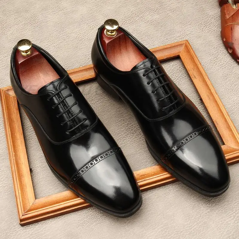 

Business Office Wedding Italian Men Dress Shoes Cap Toe Leather Brogue Shoe Real Cowhide Leather Black Oxfords Social Gents Suit