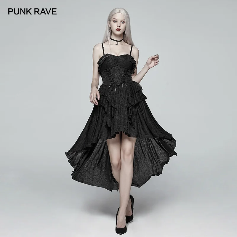 Женское платье без бретелек в стиле панк готическое черное многослойное длинное