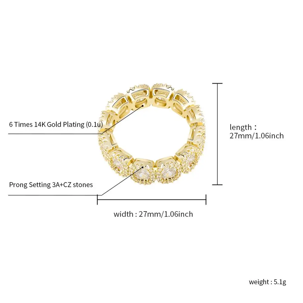 

New Charm Rock Punk 27MM Zircon Rings Gold Color High Quality Copper Iced Out Rings Hip Hop Fashion Jewelry Gift for Men Women