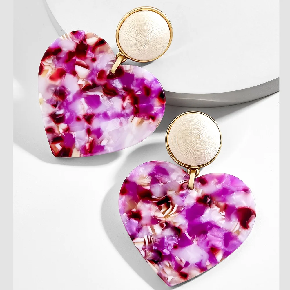 

Big Bohemian Acrylic Love Heart Dangle Earring for Women Purple Za Statement Drop Earring Wedding Party Jewelry Korean Earrings