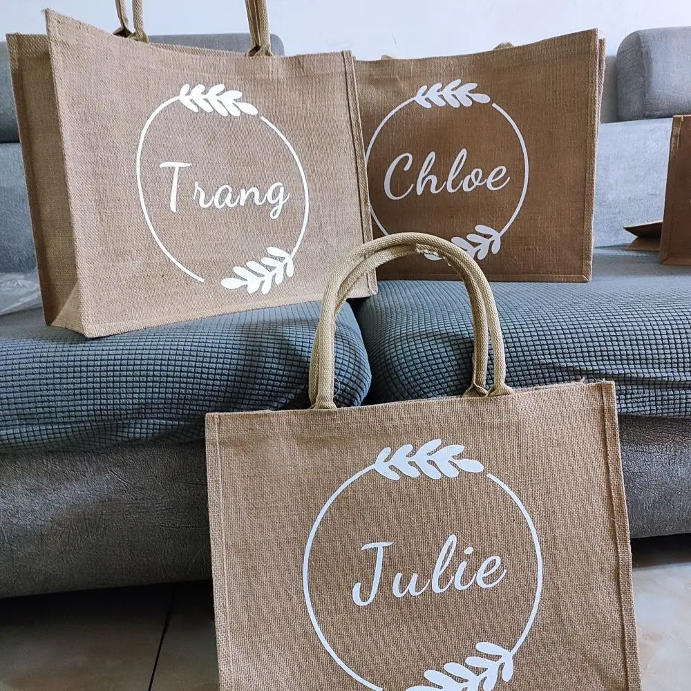 

Personalized Burlap Tote Reusable Jute Tote Bridesmaid Beach Bag Custom Shopping Bag Bridesmaid Gift Bag Wedding Favor Bridal