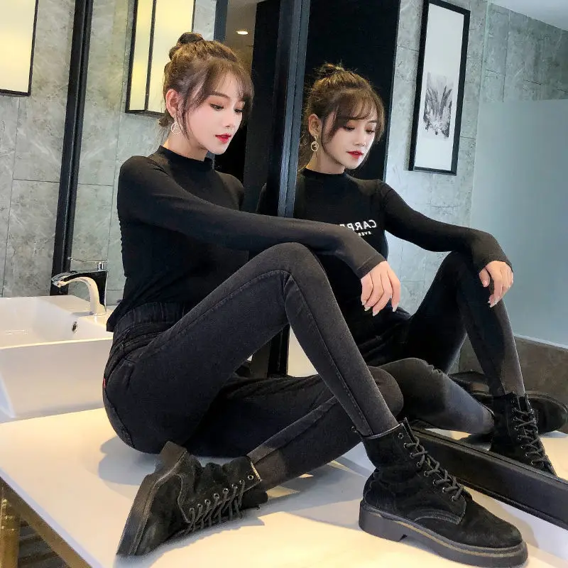 

Denim Leggings women's wear spring and autumn thin high waist tight thin versatile small foot pencil Black Large pants