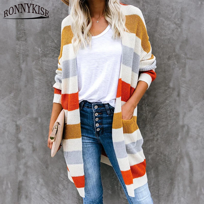 RONNYKUSE Knitwear Striped Patchwok Increase Size Cardigan Women's Fashion Long Sleeve Autumn Winter Warm Loose Sweaters |