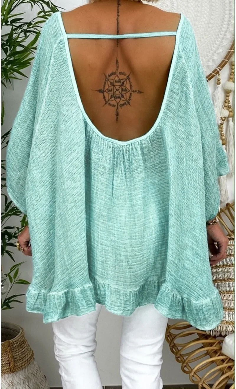 Блузка женская однотонная с открытой спиной модная рубашка бамбуковым узором