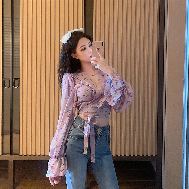 Женский шифоновый топ с v образным вырезом клубный кроп Топ длинным рукавом