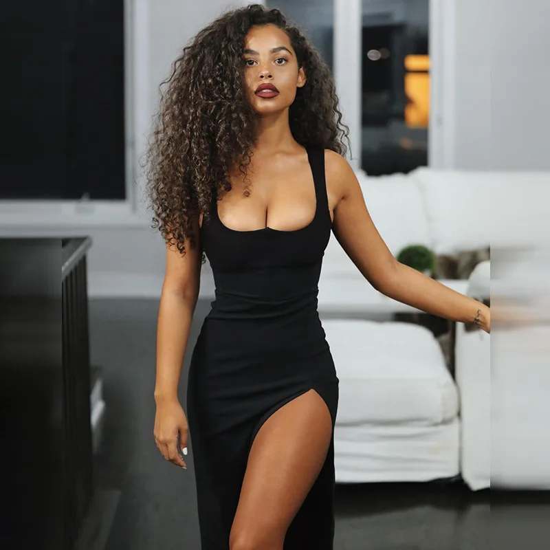 

FAKUNTN Sexy Black Maxi Dress Women Fashion Summer 2021 Club Party Gown Elegant Backless Sleeveless Split Tank Dresses