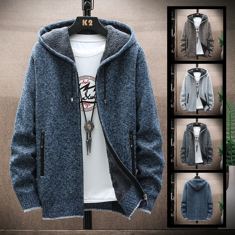 Men's Sweater Coat Autumn winter  Fashion Hooded Cardigan Fleece  Wool Long Sleeve Jacket Loose Leisure Knitted Hoodie Blazers
