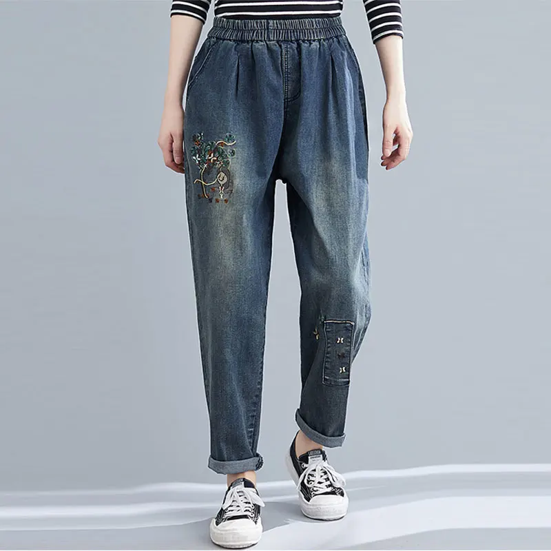 

Женские джинсы с вышивкой, синие свободные шаровары, с эластичной талией, винтажные, весна-осень, 2020, S68, размера плюс