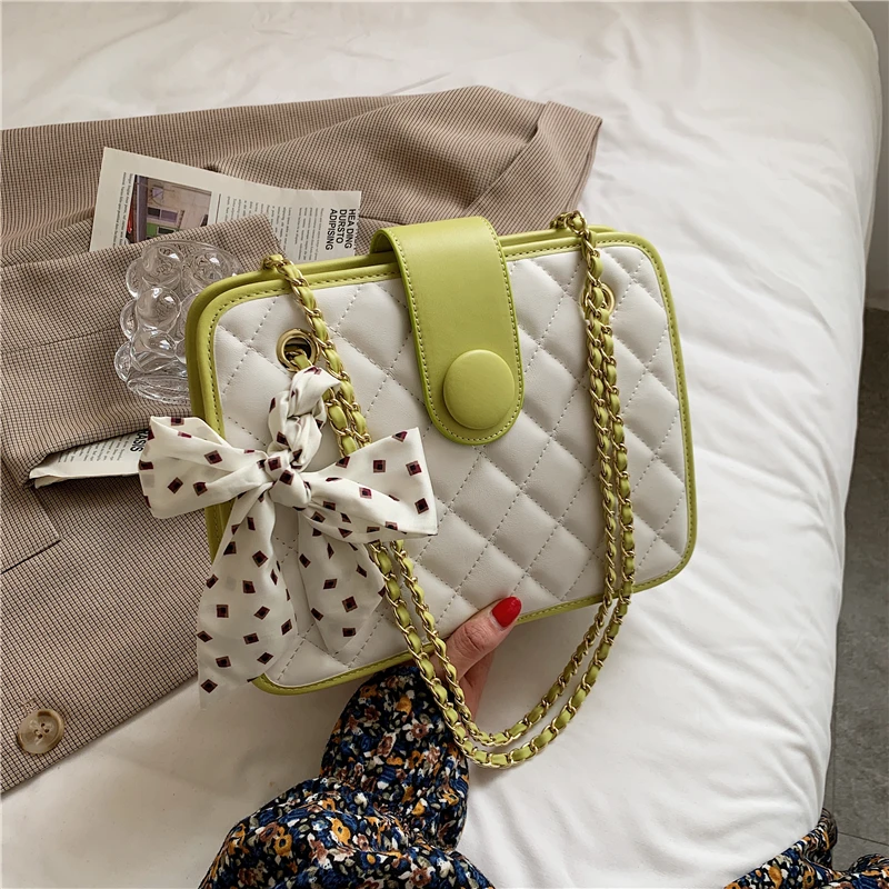 

French Chic Design Scarf Quilted Chain Shoulder Bags For Women Luxury Brand Ladies Tote High Quality PU Leather Crossbody Bags