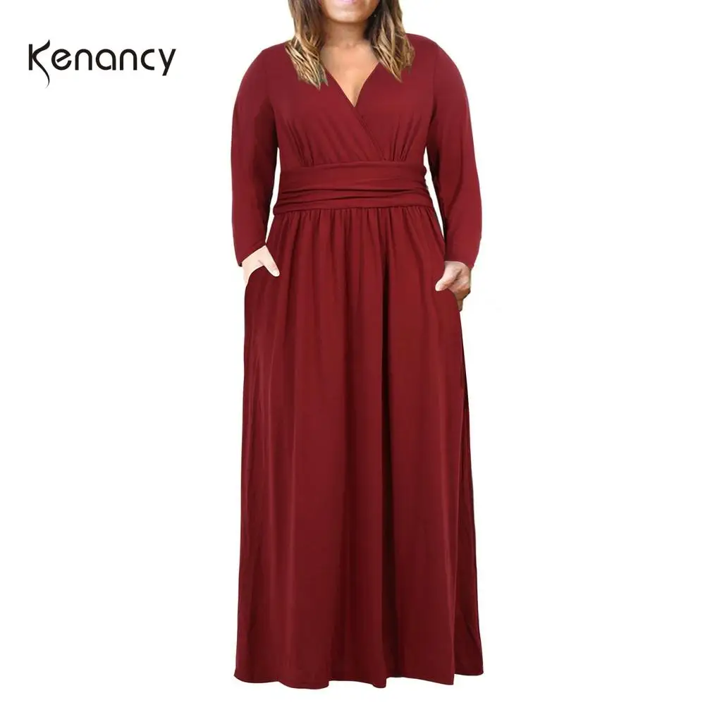 Kenancy 3XL 9XL плюс размер v образный вырез чистый цвет женское платье с длинным