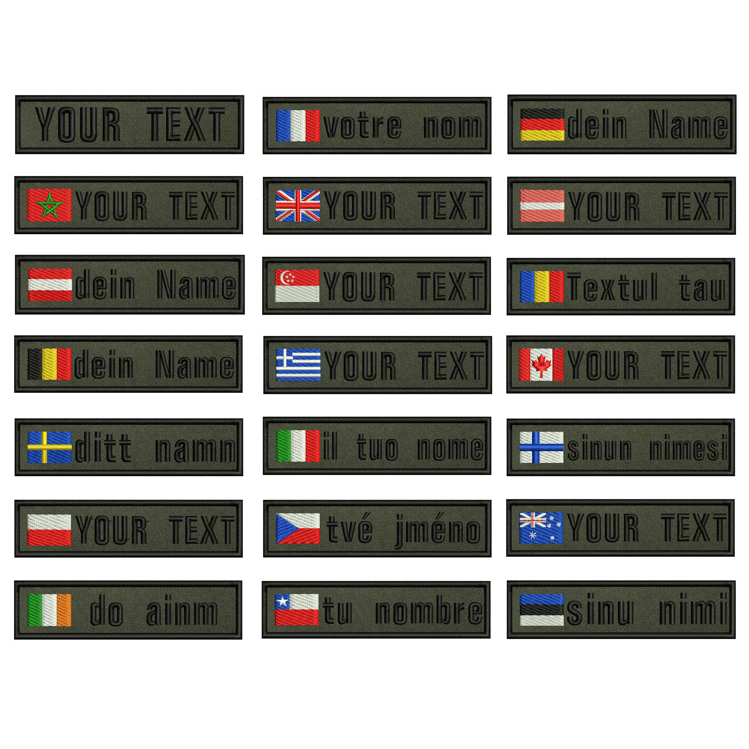 

Army Green Background National Flags 10X2.5cm Embroidery Custom Name Text Patch Stripes Badge Iron On Or Velcros Patches