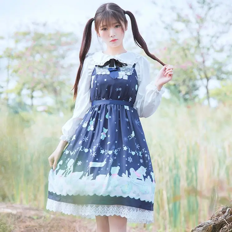 

Japanese sweet lolita dress vintage lace bowknot cute printing princess tea party victorian dress kawaii girl gothic lolita jsk
