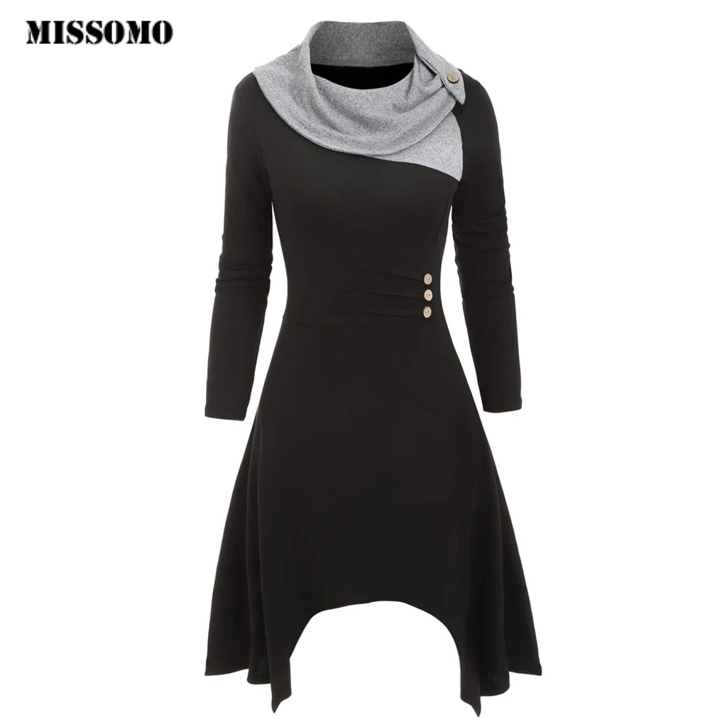 Зимнее платье MISSOMO женское шарф воротник пуговицы пэчворк асимметричные вязаные