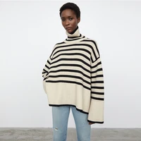 women sweater 2021 early autumn french retro high neck long sleeve striped wool knit top