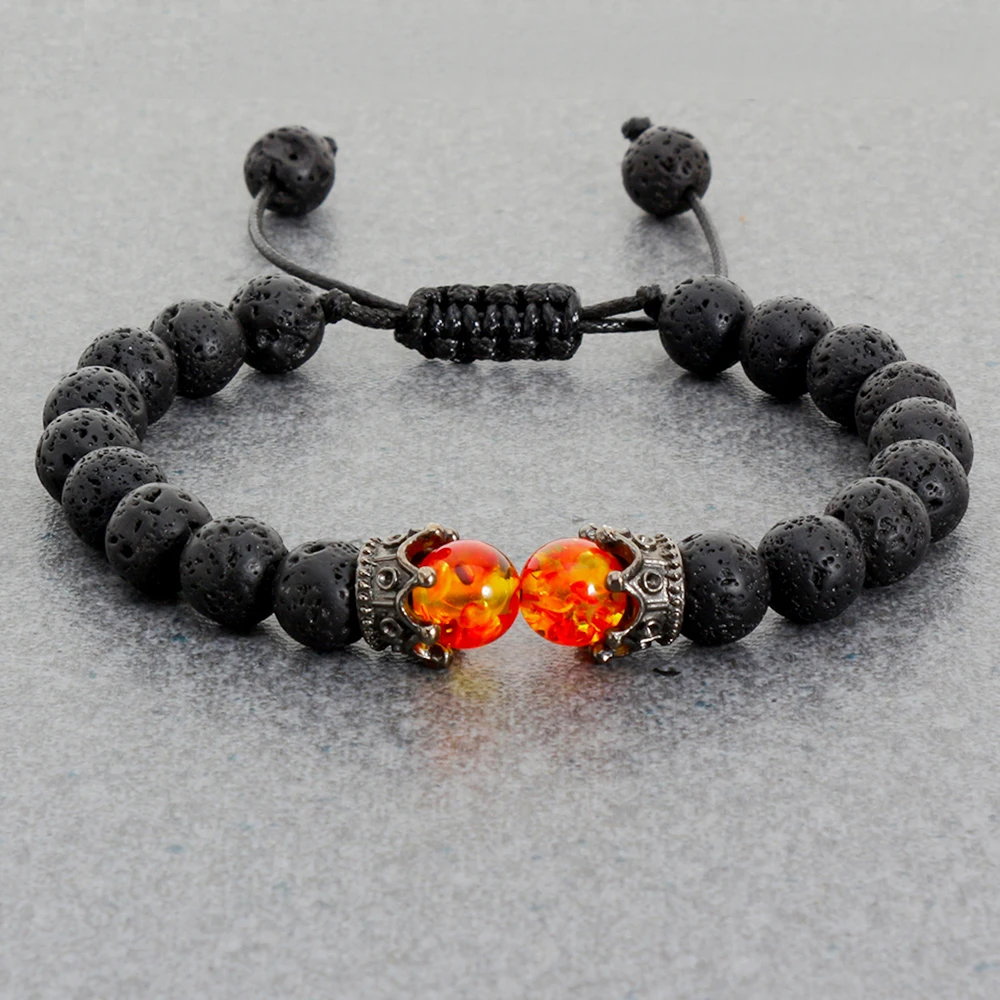 

Black Lava Stone Crown Charm Tiger Eye Beads Bracelet For Men Women Braided Bracelets Handmade Adjustable Jewelry Pulseira