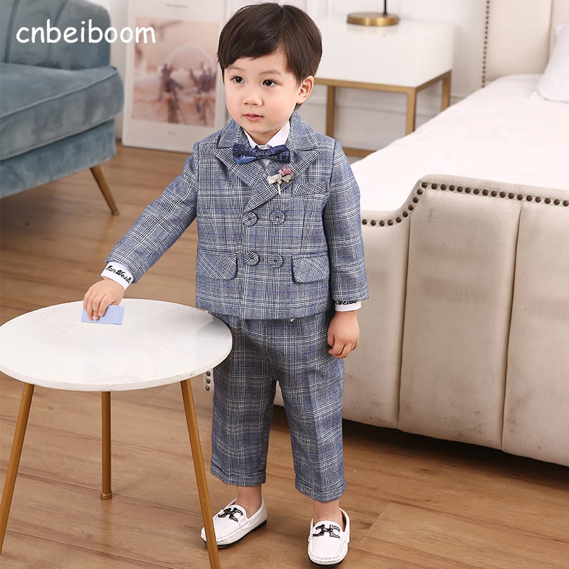 Boy Blaze Kids Korean Plaid Boys Wedding Suits Boy Blazers Formal Suit Sets Gentleman Clothing Sets 1-5T Birthday Party Dress