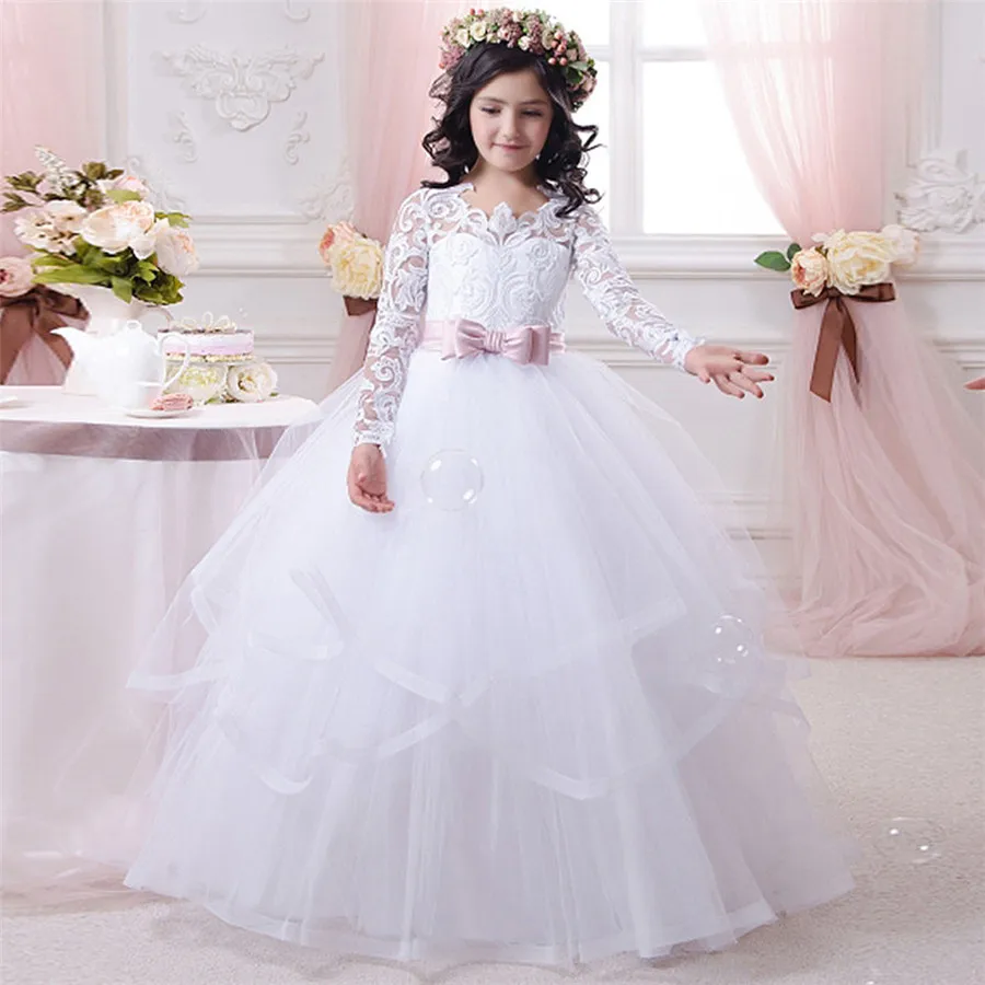 Фото Белые пушистые кружевные платья с цветочным рисунком для девушек на свадьбу
