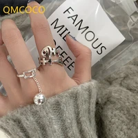 qmcoco 925 silver adjustable fish rings ins fashion creative round ball pendant vintage handmade party jewelry gifts for women