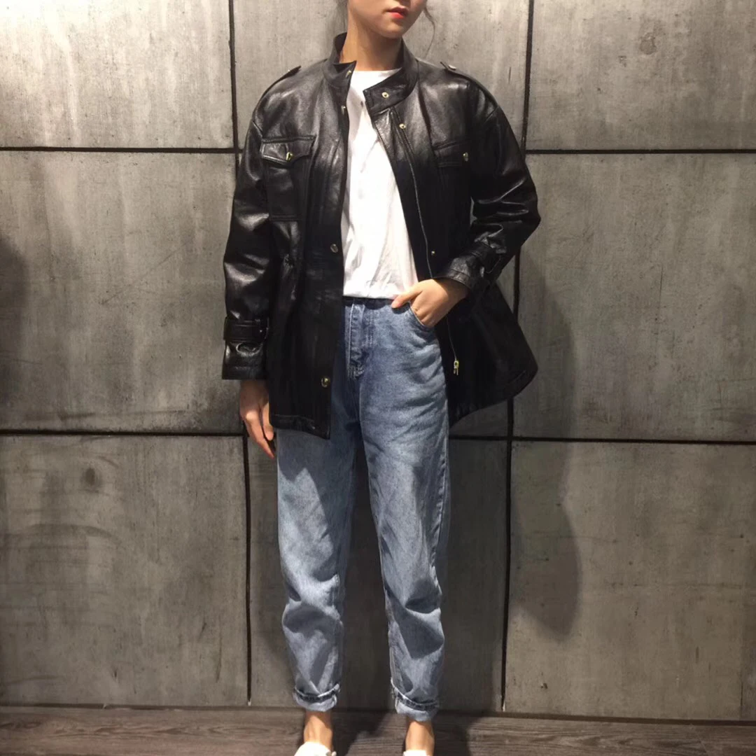 Women leather jacket autumn plus size sheepskin coat 2020 new fashion safari style female overcoat luxury clothes