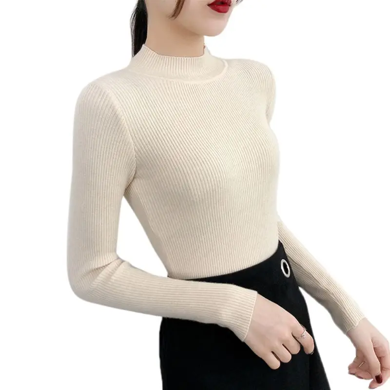

Women Ribbed Knit Sweater Half High Neck Candy Color Slim Pullover Jumper Tops