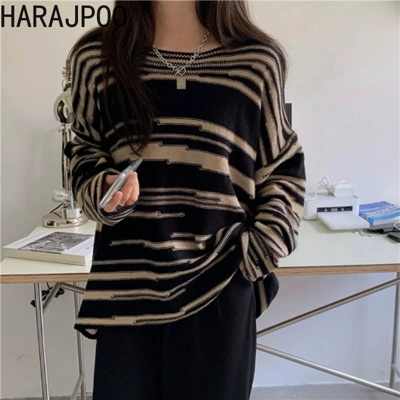 

Женский пуловер с длинным рукавом Harajpoo, свободный тонкий трикотажный свитер в Корейском стиле с круглым вырезом и принтом зебры, 2021