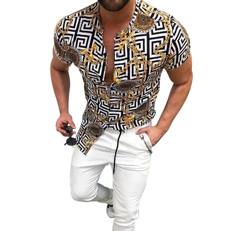 2021 summer new men's printed shirt cardigan short sleeve shirt men's top