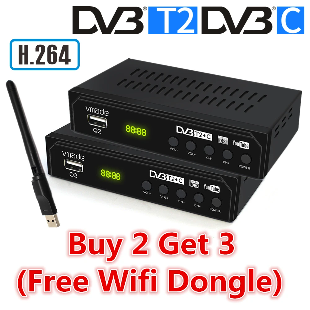 

2pcs DVB T2+C Q2 Digital TV Receiver Full HD H.264 Set Top Box IPTV Support Youtube USB WIFI Dongle 7601