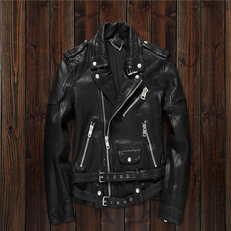 Куртка мужская из натуральной кожи модный Байкерский кожаный пиджак с двумя