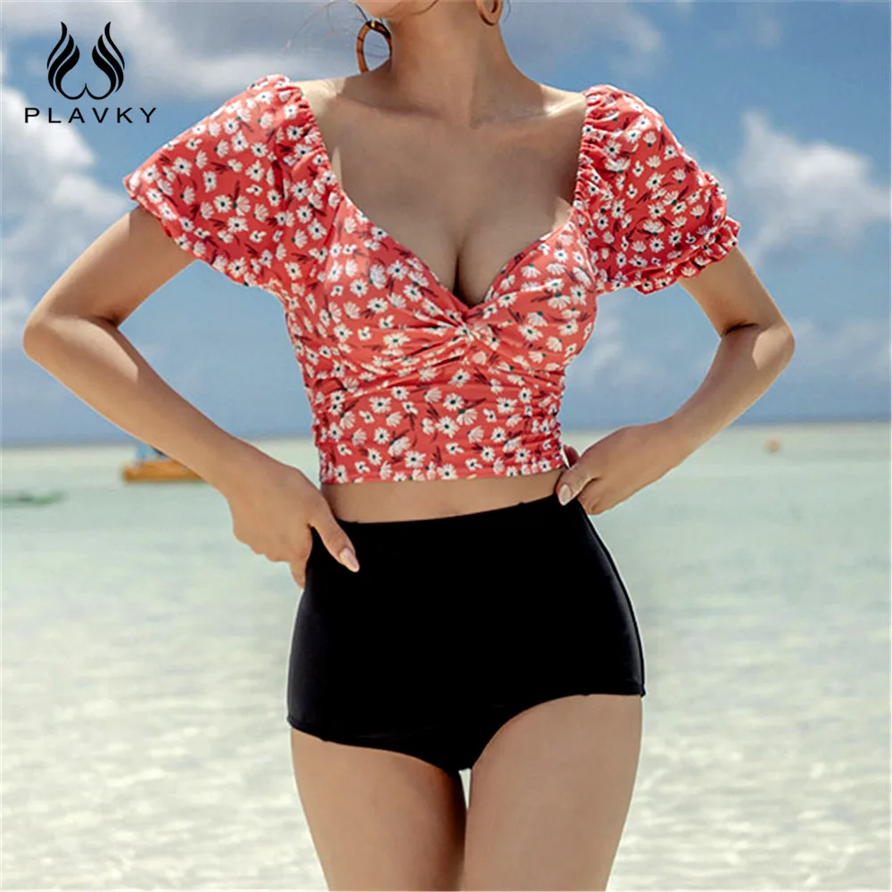 Сексуальный ретро винтажный буф с коротким рукавом цветочный Высокая талия