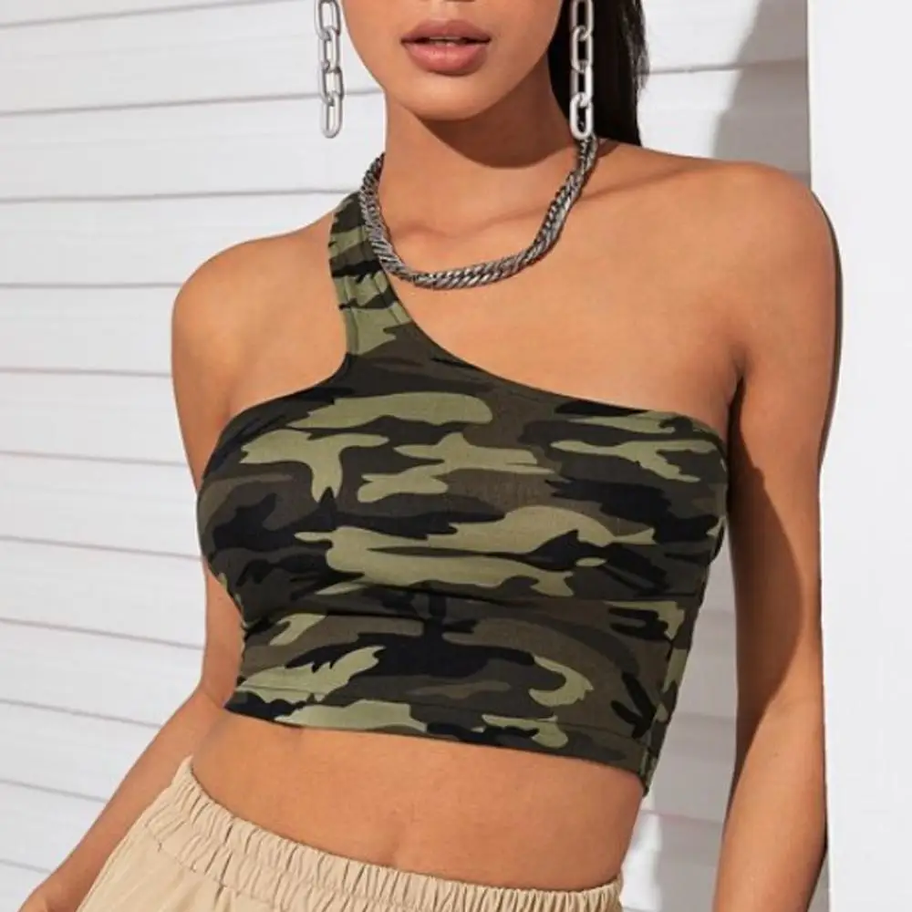 Модный женский Камуфляжный укороченный топ с лямкой на шее летняя повседневная