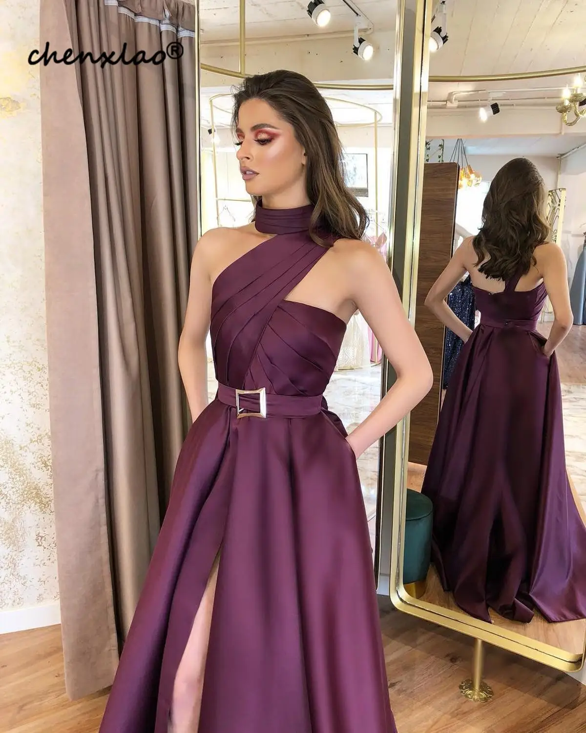 

Satin Long Evening Dress Satin A-Line High Collar Sleeveless High Split Floor Length Evening Dresses Robe de soiree