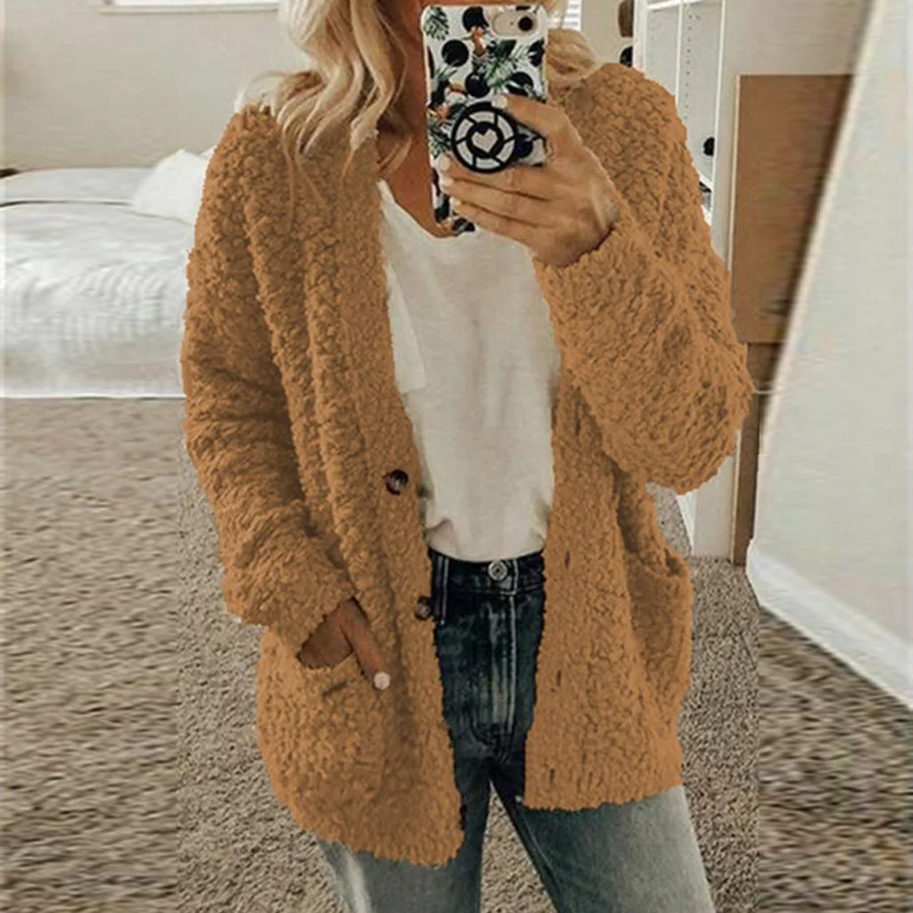 Женская Повседневная куртка с длинным рукавом искусственная флисовая кардиган