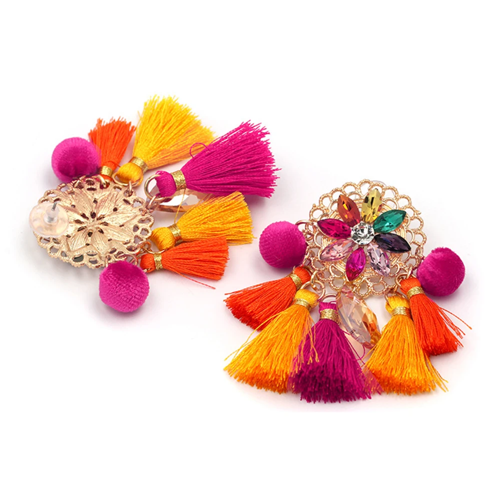 Boho Women Rhinestone Tassel Pompom Dangle Stud Earrings Long Statement Jewelry | Украшения и аксессуары