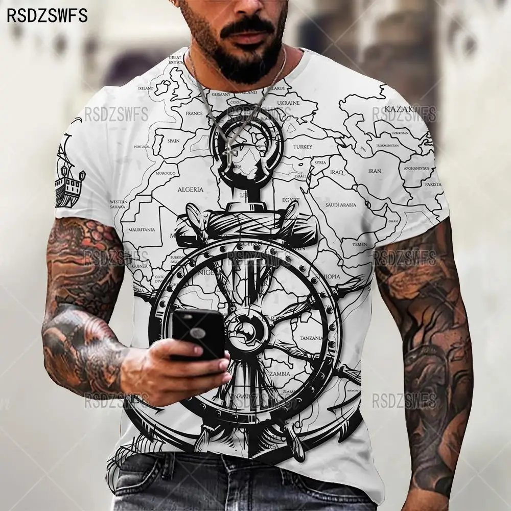 Boat Anchor Print Men's T Shirt Summer O-Neck Short Sleeve Casual Loose Oversized Male T-Shirt  XXS-5XL Tees Tops Men Clothing