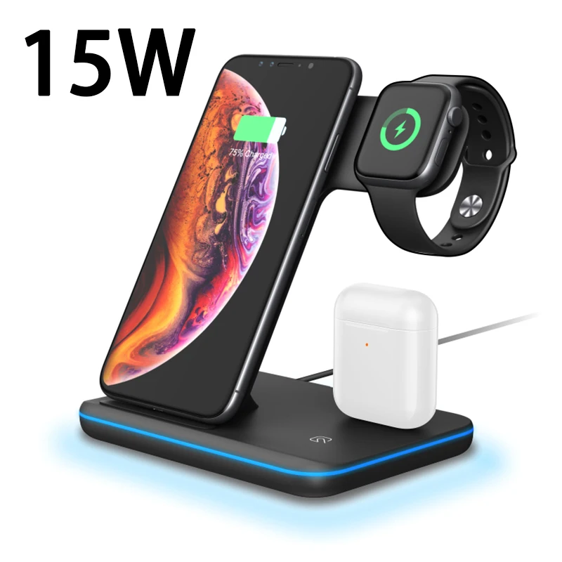 3 в 1 15 Вт Qi Быстрое беспроводное зарядное устройство для iPhone 11/Xs AirPods Apple Watch 2