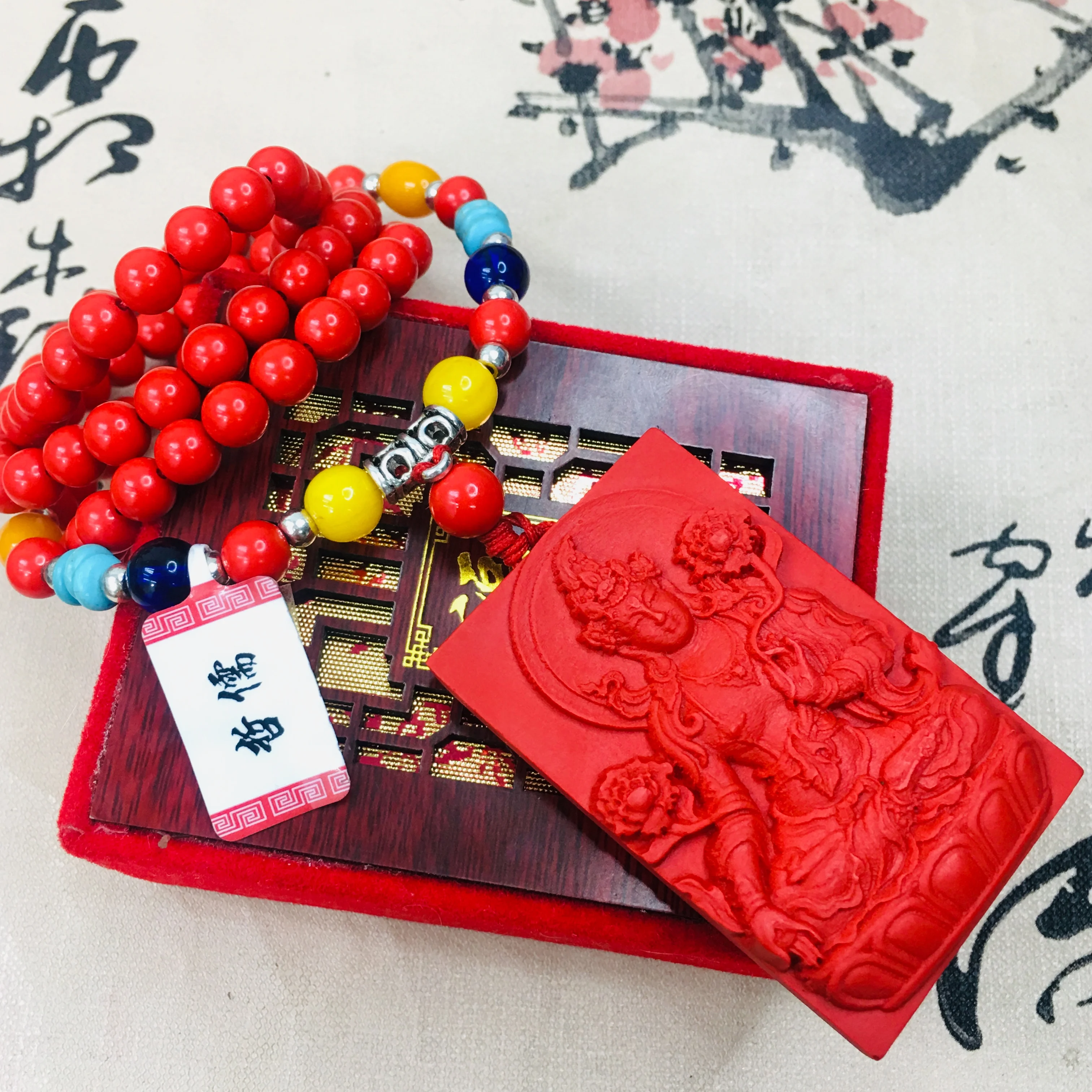 Zheru natural carved ore cinnabar lotus Guanyin pendant with multi-color bead necklace men and women sweater chain | Украшения и