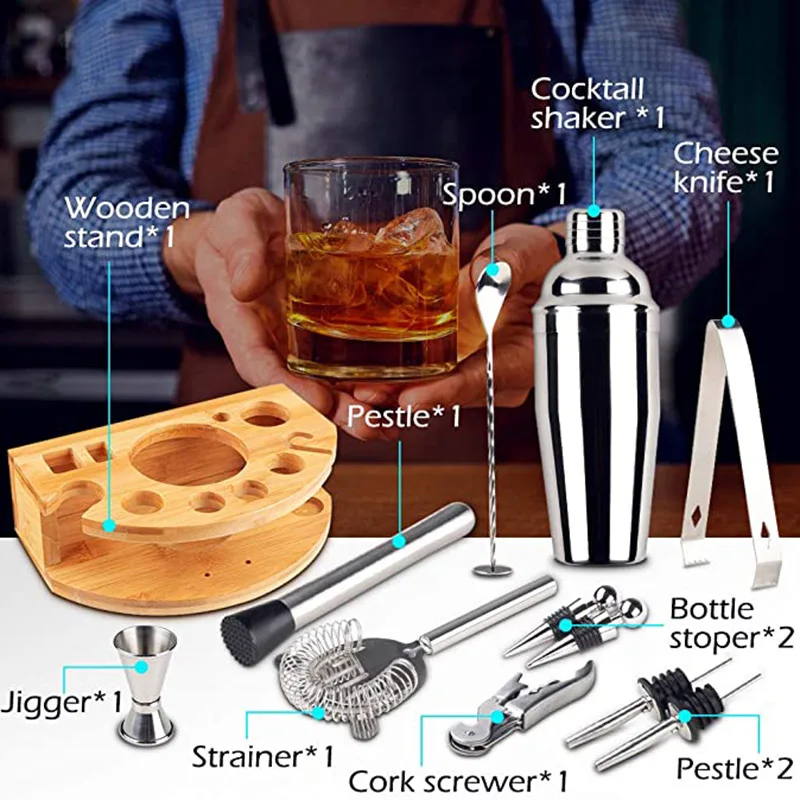 

12pcs/set Bartender Kit with Stand Stainless Steel Cocktail Shaker Set Martini Shaker Jigger Strainer Bar Mixer Spoon HEE889
