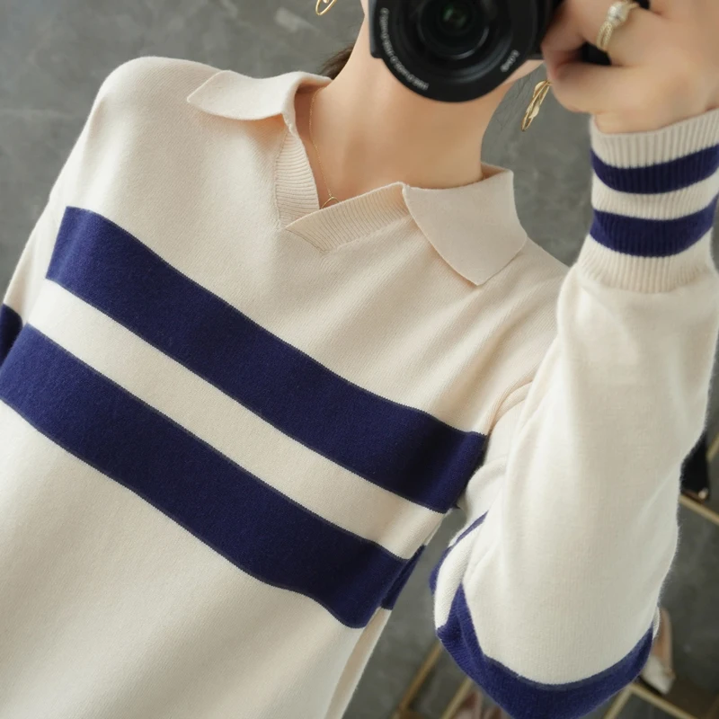 

2020 Latest Spring Autumn Winter Women Female Cotton Knitted Turn-down Collar Stripe Sweater Pullover Loose Soft Casual Fashion