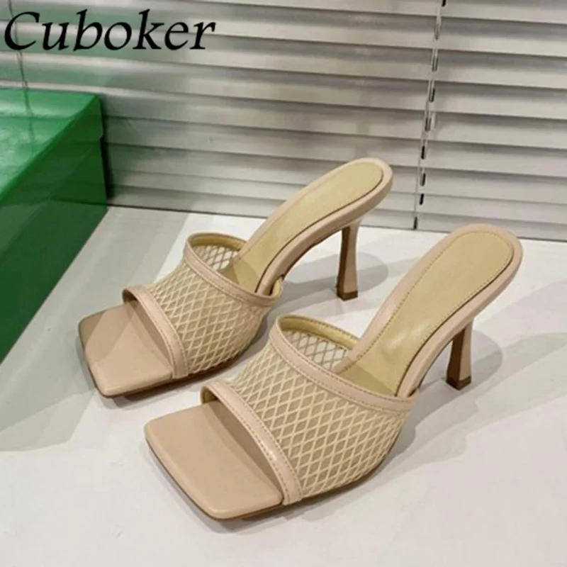 

Brand Mesh High Heels Shoes Women Slippers Slip On Square Toe Mules Ladeis Shoes Sexy Party Wedding Shoes Bride Sandalias Mujer