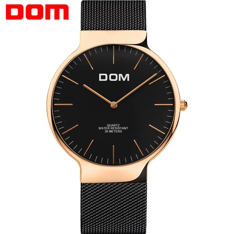 black gold Часы мужские DOM Топ люксовый бренд Мужские часы ультра тонкий Нержавеющая сталь сетка ремешок кварцевые наручные часы модные повседневные часы - Цвет: black gold