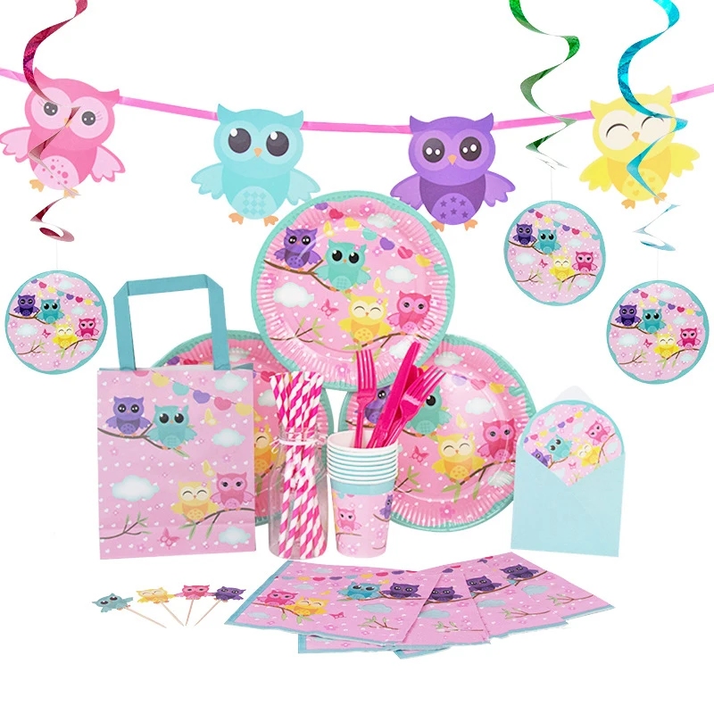 

Pink Children's Birthday Party Supplies Decoration Owl Theme Disposable Tableware Plate Cup Napkin Cake Topper Baby Shower