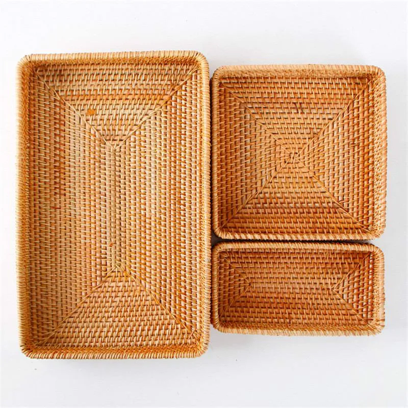 

3pcs Handmade Rattan Basket Hand-Woven Storage Box Snack Bread Fruit Food Breakfast Display Serving Tray Desktop Home Organizer