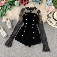 2021spring fashion linetwo piece outfits lace tulle pullover flare sleeve shorts gold velvet button solid new fashion clothes fe