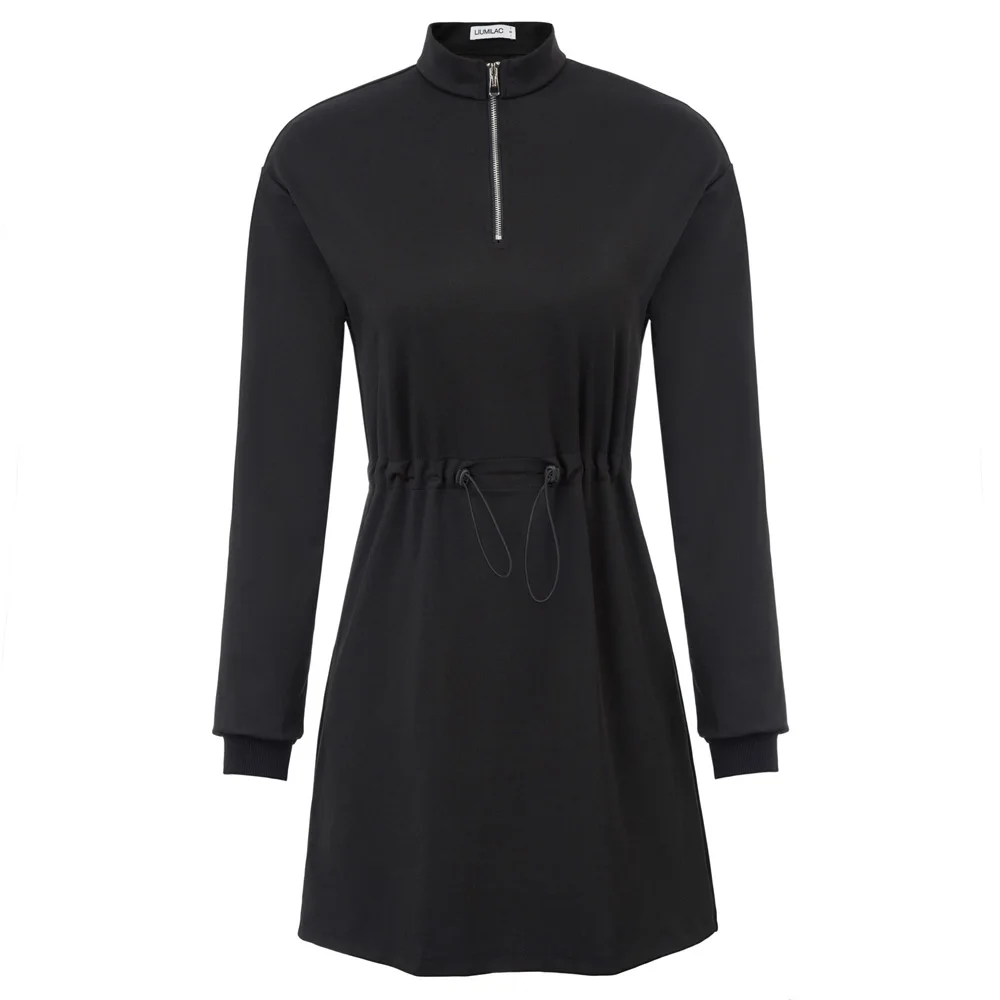 Liumilac Для женщин черные на шнурке приталенное платье с длинным рукавом воротником