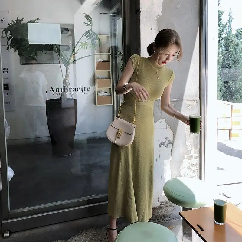 

2020 Summer Korean Women Robe Knitted Dress Elegant Ladies Slim Sweater Sleeveless Long Party Dresses