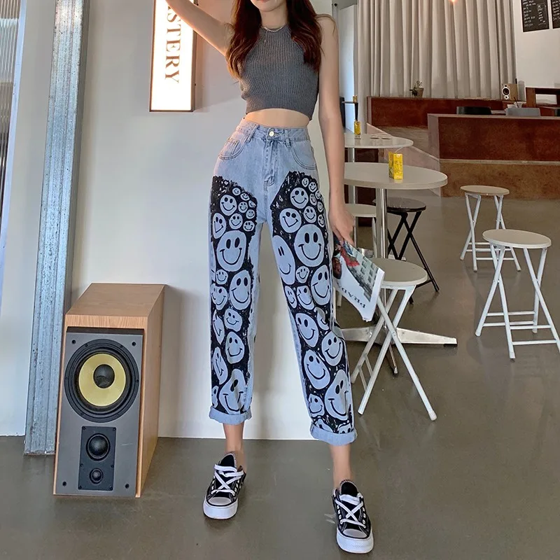 

New Fashion Graffiti Smiley Print Jeans Women Streetwear Loose High Waist Washed Jeans Womens Plus Size Casual Denim Harem Pants