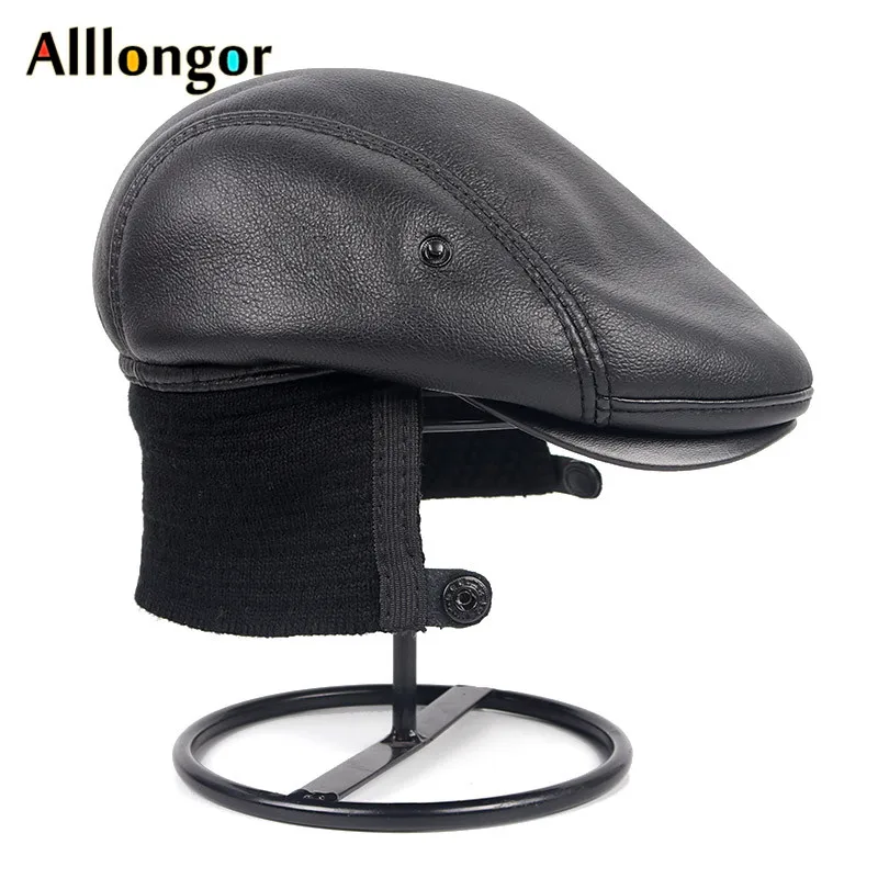 High Quality 2020 Casual Winter Warm Leather Flat Cap Men boina hombre Black Earflap Outdoor Beret Hats Dad