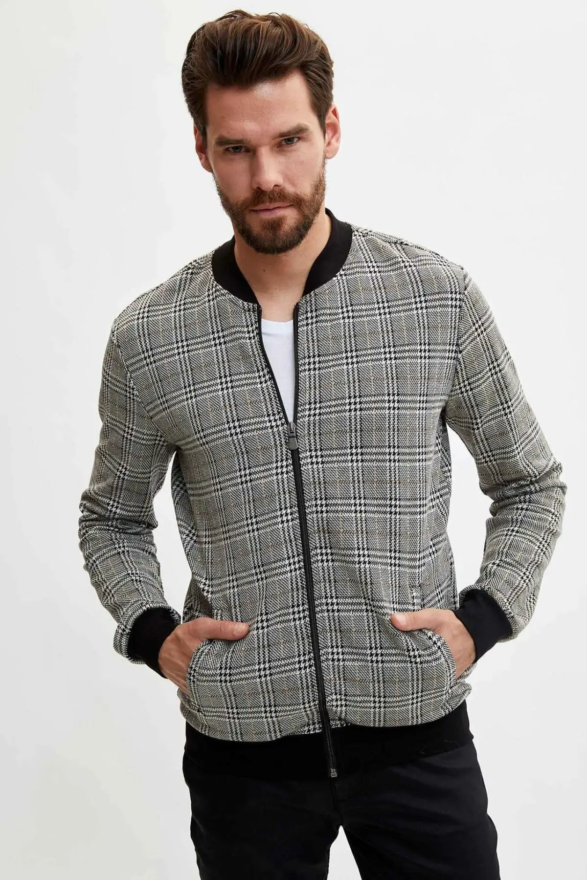 DeFacto Мужская модная куртка на молнии с узором в клетку мужское повседневное тонкое однотонное пальто
