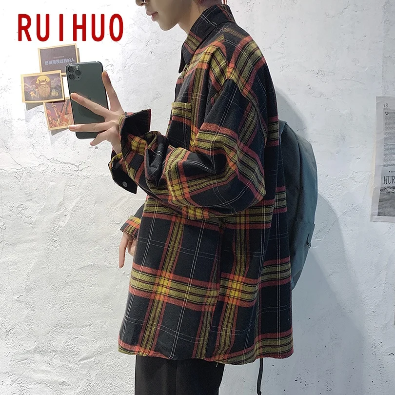 RUIHUO черные мужские рубашки клетчатые для мужчин одежда клетчатая рубашка блузка